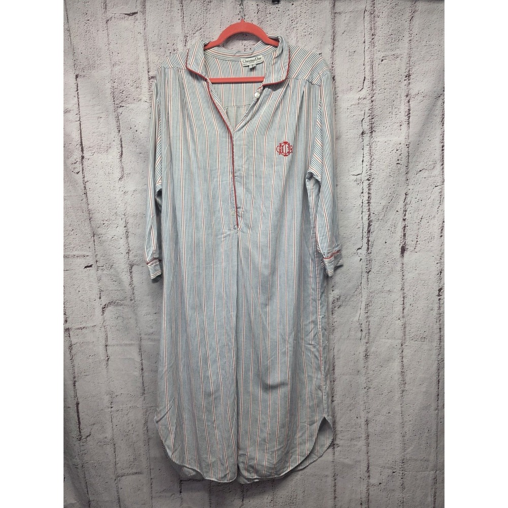 Vtg Christian Dior Lingerie Cotton Nightgown Large Light Blue Embroidered Logo - Picture 1 of 10